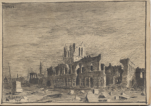 Pen and ink sketch of the Ypres Cloth Hall dated 1916 by N. Faeror? Faeroir? On November 22, 1914, German forces shelled the Hall and St. Peter's Cathedral with incendiary shells. In his memoirs, French General %+%Person%m%11%n%Ferdinand Foch%-%, wrote that they did so to compensate themselves for their defeat in the %+%Event%m%96%n%Battle of Flanders%-%.
Text:
Ypres
signed: N. Faeror? Faeroir? 1916