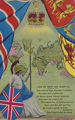 Beneath the crown of England, Britannia with her shield and Neptune's trident sits, flanked by the flag of the United Kingdom, and the Royal Standard. Behind her, illuminated by the British crown, is a map of the world with the British Empire in pink: Canada and Newfoundland, the United Kingdom, the Union of South Africa and British East Africa, India, Australia, and New Zealand.
Text:
Land of Hope and Glory (1)
Dear Land of Hope, thy hope is crowned,
God make thee mightier yet;
On Sov'ran brows, beloved, renowned,
Once more thy crown is set.
Thine equal laws, by Freedom gained,
Have ruled thee well and long;
By Freedom gained, by Truth maintained,
Thine Empire shall be stong.

Words by Permission of Boosey & Co.
Bamforth (Copyright).

Reverse:
Holmfirth
Bamforth & Co., Ltd, Publishers (Holmfirth England) and New York, Series No. 4707/1
Printed in England