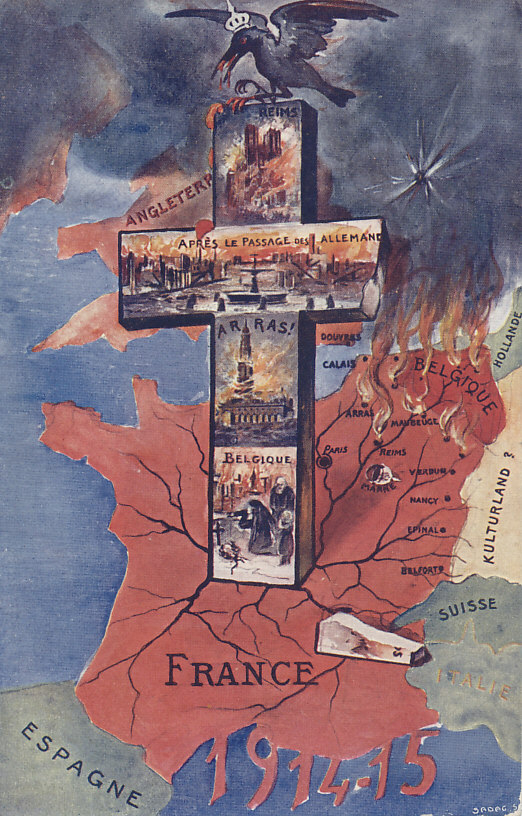 The Western Front, 1914 and 15. The Imperial German eagle is a crow feeding on carrion, perched on a cross bearing scenes of the destruction of its advance and retreat through France and Belgium: the shelled and burned cathedral of Reims, the ruination of the city of Arras, a destroyed town, deaths both military and civilian in Belgium. France held its territory along the border with Germany, and turned back the German advance in the Battle of the Marne, but Belgium and northern France remained occupied through the war.
Accused of war crimes, Germany, labeled on the map by "Kulturland?", defended itself by speaking of its superior culture.
Spain, Holland, and Switzerland remained neutral during the war, and are show in green. Italy joined the Allies in May, 1915, possibly shortly before the card was printed, which may explain the use of red for its name and border.
Text:
[On the cross:] Reims, Après le Passage des Allemands, Arras!, Belgique
[On the map, the countries of] Angleterre, Hollande, Espagne, Suisse, Italie, Belgique, France, Kulturland? [Germany, and the cities of] Douvres, Calais, Paris, Arras, Reims, Maubeuge, Verdun, Nancy, Epinal, and Belfort
