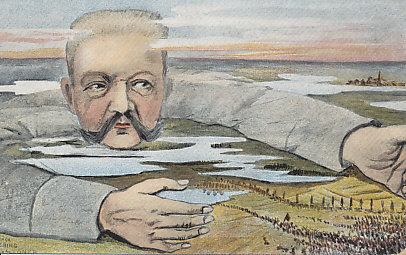 German General Paul von Hindenburg luring a Russian army into the Masurian Lakes. In the %+%Event%m%40%n%Battle of Tannenberg%-%, the Germans destroyed the Russian Second Army, killing 50,000 and taking 90,000 prisoners. The Russian First Army managed to escape the same fate in the %+%Event%m%41%n%First Battle of the Masurian Lakes%-%. The postcard was sent from France September 11, 1915.
Reverse:
Die masurische Falle.
The Masurian trap.