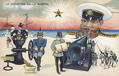 An Italian postcard of the Industry of War. Kaiser Wilhelm of Germany squeezes gold from France and Belgium, filling sacks of money he provides to his ally Emperor Franz Josef of Austria-Hungary who feeds his guns to fire at Tsar Nicholas of Russia who vomits up troops. On the bottom right, Serbia, Montenegro, and Japan join the battle against Germany and Austria-Hungary. To the left, Great Britain flees to its ships. King Victor Emmanuel III of Italy surveys it all, serenely neutral until May 1915. Germany taxed Belgium and occupied France heavily during its occupation, in money, in food and other necessities, and in human life and labor. Austria-Hungary borrowed heavily from Germany to support its war effort. The enormous manpower of Russia was a source of consolation for its allies, and of trepidation to its enemies. Some suspected Great Britain would take its small army and return to its ships, home, and empire.
Text:
Le Industrie della Guerra
The Industry of War