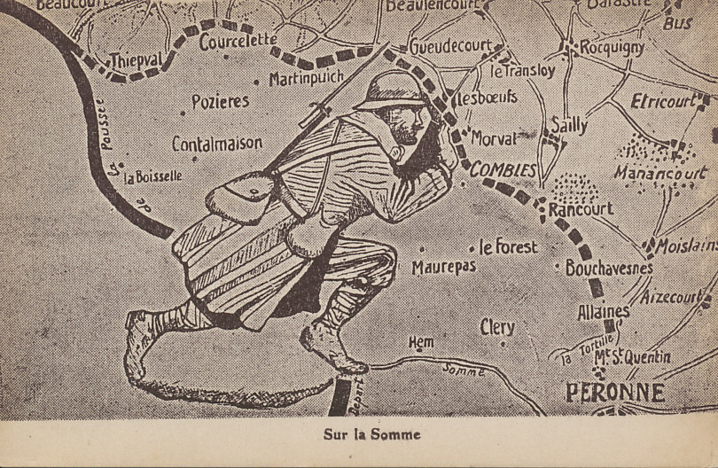 The Allied advance in the Anglo-French Somme Offensive of 1916. As French forces were transferred to the defense of Verdun, British forces took on more of the burden.
Text:
Sur la Somme
On the Somme
Map:
Départ de la Poussée (Start of the Push), Somme, Péronne, Courcelette, Martinpuich, Thiepval, Pozieres, la Boiselle, Contalmaison, Maurepas, Hem, Clery, le Forest, Combles, Rancourt, Bouchavesnes, Allaines, Mt. St. Quentin, la Tortille