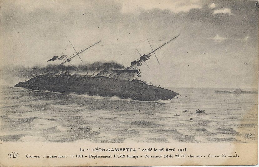 A postcard of some of the last moments of the French battleship Léon-Gambetta, sunk by the Austro-Hungarian submarine U-5 under the command of Captain Georg von Trapp around midnight the night of April 26-27, 1915. The ship sunk in just nine minutes, taking 684 of its 821 men to their death. Captain von Trapp was later famous as head of the von Trapp Family Singers, immortalized on stage and screen in The Sound of Music.
Text:
Le 'Léon-Gambetta' coulé le 26 Avril 1915
Croiseur cuirasse lancé en 1901 - Déplacement 12,512 tonnes - Puissance totale 28,715 chevaux - Vitesse 23 nœuds
The 'Léon Gambetta' sunk April 26, 1915
Armored cruiser launched in 1901 - displacement: 12,512 tons - Total horsepower 28,715 - speed 23 knots
Logo: ELD