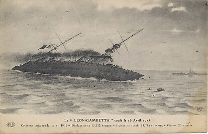 A postcard of some of the last moments of the French battleship Léon-Gambetta, sunk by the Austro-Hungarian submarine U-5 under the command of Captain Georg von Trapp around midnight the night of April 26-27, 1915. The ship sunk in just nine minutes, taking 684 of its 821 men to their death. Captain von Trapp was later famous as head of the von Trapp Family Singers, immortalized on stage and screen in The Sound of Music.
Text:
Le 'Léon-Gambetta' coulé le 26 Avril 1915
Croiseur cuirasse lancé en 1901 - Déplacement 12,512 tonnes - Puissance totale 28,715 chevaux - Vitesse 23 nœuds
The 'Léon Gambetta' sunk April 26, 1915
Armored cruiser launched in 1901 - displacement: 12,512 tons - Total horsepower 28,715 - speed 23 knots
Logo: ELD
Reverse:
A message from a colonial soldier at the barracks in Toulon writing to his sister.