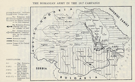 Map of Romania and the Allied and Central Power campaign plans for 1917. 'Romanian Territories under Foreign Rule' include Transylvania, Austria-Hungary, northwest of the Carpathian Mountains, and Bessarabia, Russia, to the east between the Prut and Nistru Rivers, regions with large ethnic Romanian populations. From 'Romania in World War I, a Synopsis of Military History' by Colonel Dr. Vasile Alexandrescu.
Text:
The Romanian Army in the 1917 Campaign
Romanian territories under foreign rule
The Romanian territory invaded by troops of the Central Powers in the 1916 campaign
The Romanian-Russian campaign plan for the summer of 1917
The German-Austro-Hungarian campaign plan for the summer of 1917
Romanian troops
Russian troops
Troops of the Central Powers