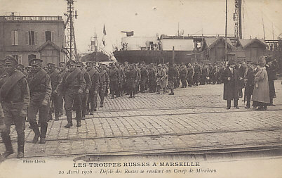 Russian troops arriving in Marseilles, on France's Mediterranean coast, in April 1916. With the Dardanelles closed to them, they would have had a journey along the Atlantic coast of France, Spain, and Portugal before entering the Mediterranean at Gibraltar. Russian troops fought with the Allied forces Salonica and Western Fronts.
Text:
Les Troupes Russes a Marseille
20 Avril 1916 — Défilé des Russes se rendant au Camp de Mirabeau
Photo Llorca
Russians troops in Marseille 
April 20, 1916 — Column of Russians on their way to Camp Mirabeau