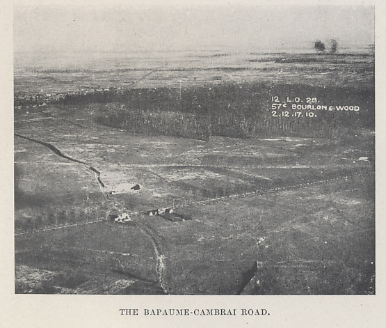 Bourlon and Bourlon Wood. From 'The Tank Corps' by Major Clough Williams-Ellis & A. Williams-Ellis
Text:
The Bapaume-Cambrai Road.
12. L.O. 28.
57º Bourlon & Wood
2.12.17.10.