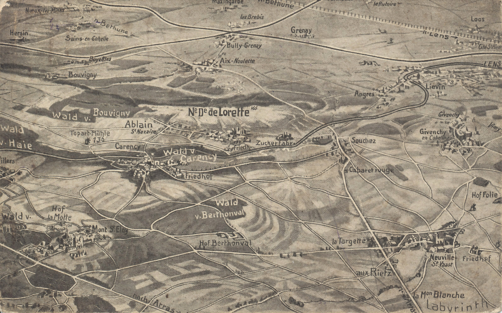 German postcard of some of the battlefield of Artois, site of the First, Second, and Third Battles of Artois (1914 and 1915), the Battle of Loos (1915), and the Battle of Vimy Ridge (1917). Loos is in the upper right, the road to Vimy on the center right. The world's largest French military cemetery is on the heights of Notre-Dame-de-Lorette.