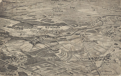 German postcard of some of the battlefield of Artois, site of the First, Second, and Third Battles of Artois (1914 and 1915), the Battle of Loos (1915), and the Battle of Vimy Ridge (1917). Loos is in the upper right, the road to Vimy on the center right. The world's largest French military cemetery is on the heights of Notre-Dame-de-Lorette.
Text:
Nr. 52. Vogelschaupostkarte von der Lorettohöhe
Kriegspostkarte aus 'Der Krieg'
Bird's eye view postcard of the Loretto Heights
War postcard from 'The War'