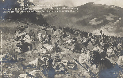 As the Battle of the Aisne drew to a close, there was hard fighting near Soissons on September 17, 1914, including at Cuffies, north of the city. French Zouaves (primarily French settlers from Algeria and Tunisia) attacked five times, but were driven back each time by German machine gun fire.
Text:
Schlacht bei Soisson am 17, Sept.
Sturmangriff der Zuaven, welcher nach 5 maliger Wiederholung unter dem Maschinengewehfreuer der Deutschen zusammenbrach.
Mit Genehmigung der Illustrirter Zeitung, Leipzig
Felix Schwormstädt
1914
A 70
Battle of Soissons on 17 Sept. 
Charge the Zouaves, which collapsed after five repetitions under the machine gun fire of the Germans. 
With the approval of Illustrirter newspaper, Leipzig 
Felix Schwormstädt 
1914 
A 70
