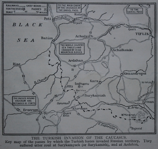 From The Great War magazine, Part 34: Map of the Turkish invasion of Russia in the Caucasus at the end of 1914, ending in defeat at the Battle of Sarikamish.
Text:
The Turkish invasion of the Caucasus
Key map of the passes by which the Turkish forces invaded Russian territory. They suffered utter rout at Sarykamysch (or Sarykamish), and at Ardahan.