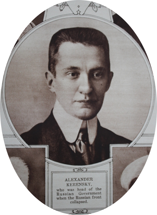 Alexander Kerensky, leader of Russia's Cadet party and a member of the Provisional government in 1917 as Minister of Justice, War, and Prime Minister. From 'The War of the Nations Portfolio in Rotogravure Etchings Compiled from the Mid-Week Pictorial Published by the New York Times Co. New York City N.Y.'
Text:
Alexander Kerensky, who was head of the Russian Government when the Russian front collapsed.