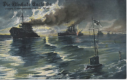 Great Britain declared the entire North Sea a military zone as of November 5, 1914, imposing a blockade of Germany with nets, mines, and ships from Scotland across the northern end of the North Sea, and at the mouth of the English Channel. Germany's response depended on its submarine fleet.
Text:
Die Blockade Englands
Unsere Unterseeboote bei der Arbeit
The Blockade of England
Our submarines at work
Reverse:
Serie 2652/6
Logo: R&K (?)