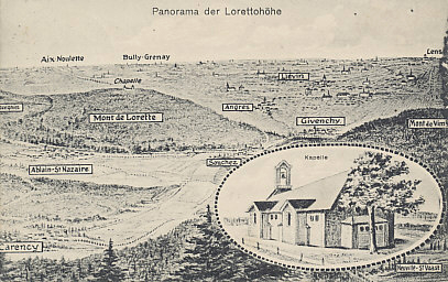 A panorama of Loretto Heights including part of Vimy Ridge. Notre Dame de Lorette, a pilgrimage site in 1914, stood on the Heights, and was, with Vimy Ridge, part of the high ground seized by German troops in the Race to the Sea after the Battle of the Marne. French commander Joffre hoped to capture Loretto Heights and Carency, a village the Germans had fortified, in the First Battle of Artois in December, 1914.
Text:
Panorama der Lorettohöhe
Panorama of Loretto Heights
Reverse:
Message dated June 25, 1916, and field postmarked the next day by the Fourteenth Reserve Corps.