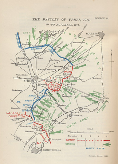 Map of the positions in the Battle of Ypres, November 5 through 9, 1915 from Military Operations France and Belgium, 1914, Vol. II, October and November, by J. E. Edmonds with maps and sketches compiled by Major A. F. Becke. The British had been subjected to repeated German attacks since mid-October.
Text:
Sketch 13.
The Battles of Ypres, 1914.
5th-9th November, 1914.