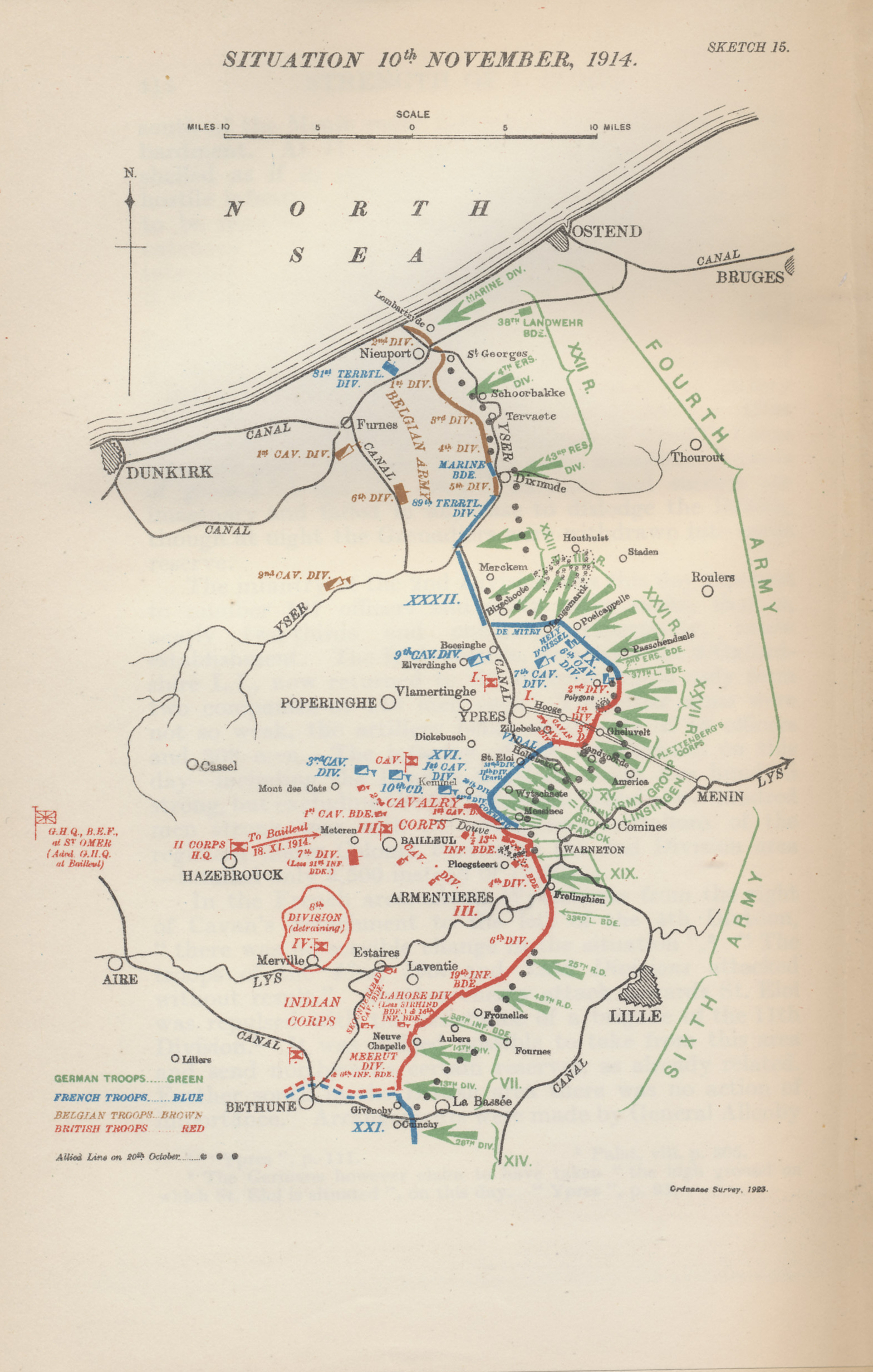 Map of the military situation in Flanders on November 10, 1914, the eve of the second major German assault on the Ypres salient. After bearing the brunt of the German assault in the latter half of October, the Belgians had inundated the farmland before them, leading the Germans to turn their efforts on the British at Ypres. After the first great German assault on October 31, the French reinforced the British line. On November 11, the Allies were unaware of how extensive the forces facing them were. Map  by Major A. F. Becke R.A. (Retired) from Military Operations France and Belgium, 1914, Vol. II, October and November, by J. E. Edmonds.
Text:
Situation 10th November, 1914.
German Troops . . . Green
French Troops . . . Blue
Belgian Troops . . . Brown
British Troops . . . Red
Allied Line on 20th October [heavy dotted line]
The German Fourth and Sixth Armies faced the Belgian, French, and British line. The southern end of the British line was held by the Indian Corps.