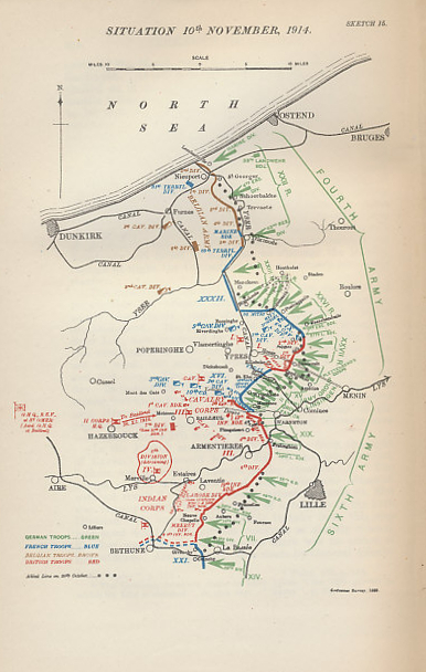 Map of the military situation in Flanders on November 10, 1914, the eve of the second major German assault on the Ypres salient. After bearing the brunt of the German assault in the latter half of October, the Belgians had inundated the farmland before them, leading the Germans to turn their efforts on the British at Ypres. After the first great German assault on October 31, the French reinforced the British line. On November 11, the Allies were unaware of how extensive the forces facing them were. Map  by Major A. F. Becke R.A. (Retired) from Military Operations France and Belgium, 1914, Vol. II, October and November, by J. E. Edmonds.
Text:
Situation 10th November, 1914.
German Troops . . . Green
French Troops . . . Blue
Belgian Troops . . . Brown
British Troops . . . Red
Allied Line on 20th October [heavy dotted line]
The German Fourth and Sixth Armies faced the Belgian, French, and British line. The southern end of the British line was held by the Indian Corps