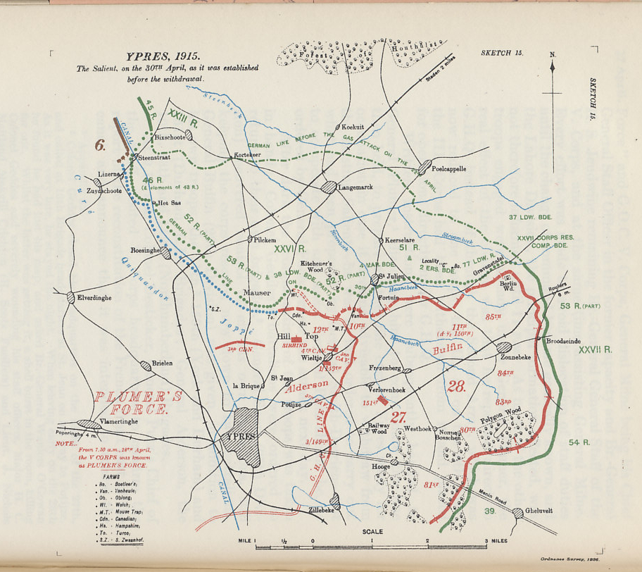 Map of the Ypres Salient on April 30, 1915 after the German gas attack of April 22, and prior to the British withdrawal to a more defensible line.
Text:
Ypres, 1915.
The Salient, on the 30th April, as it was established before the withdrawal.