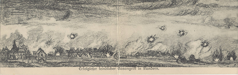 A folding postcard from a pencil sketch of an unsuccessful Allied gas attack in Flanders.
Text:
Erfolgloser feindlicher Gasangriff in Flandern
Unsuccessful enemy gas attack in Flanders
Outside:
Feldpostkarte
Nachdruck verboten.
Field postcard
Reproduction prohibited.