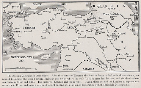 Map of the Russian campaign in Asia Minor from 'The Nations at War, a Current History' by Willis John Abbot, 1917 Edition.
Text:
The Russian campaign in Asia Minor. After the capture of Erzerum the Russian forces pushed on in three columns, one toward Trebizond, the second toward Erzingan and Sivas, where the main Turkish army had its base, and the third column southward to Mush and Bitlis. The capture of Erzerum and the advance into Asia Minor enabled the Russians to capture Kermanshah, in Persia, and to turn westward toward Bagdad, with the aim of coöperating with the British in Mesopotamia