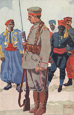 Postcard of a German soldier guarding French POWs, most of them colonial troops, the colorful uniforms of a Zouave, Spahi, Senegalese, and metropolitan French soldier contrasting with the field gray German uniform. A 1915 postcard by Emil Huber.
Text:
Emil Huber 1915
Reverse:
Unsere Feldgrauen
Serie II
? preussischer Infanterie-Soldat
Prussian Infantry Soldier
Logo: K.E.B.