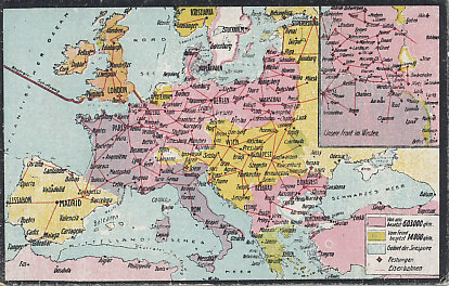 Railroad and occupied territory map of western and central Europe, northern Africa, and Turkey. A German postcard map postdating the taking of Riga  on the Baltic Sea on September 3, 1917 but before the German advance in February, 1918. The inset shows the Western Front and French-occupied territory in Alsace, then German Elsass.
Text:
Von uns besetzt 603000 qkm.
Vom Feind besetzt 14000 qkm.
Gebiet der Seesperre
Festungen
Eisenbahnen
Neutraler Schiffsweg
Unser Front im Westen.
We occupy 603,000 square kilometers.
The enemy occupies 14,000 square kilometers.
Area of blockade
fortresses
railways
neutral shipping route
Our front in the West.
Reverse:
Europa im Weltkrieg.
(Zugelassen vom Ministerium des Innern.)
No. 15. Druck u. Verlag v. Felix Grosser, Dresden-A.1.
Europe in the World War.
(Approved by the Ministry of the Interior.)
No. 15. Printing and Publishing bu Felix Grosser, Dresden A.1.