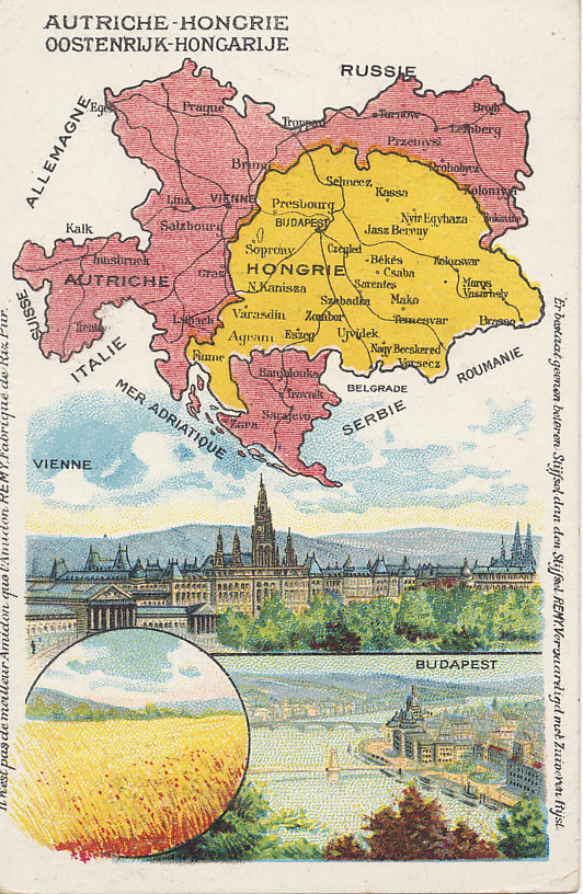 Advertising postcard map of Austria-Hungary from the Amidon Starch Company with images of Vienna, Budapest, and a wheat field.
Text in French and Dutch:
Demandez L'Amidon REMY en paquets de 1, 1/2 et 1/4 kg.
Vraagt het stijfsel REMY in pakken van 1, 1/2 et 1/4 ko.
Ask for REMY Starch in packages of 1, 1/2, and 1/4 kg.
Il n'est pas de meilleur Amidon que l'Amidon REMY, Fabrique de Riz Pur.
Er bestaat geenen beteren Stijfsel dan den Stijfsel REMY, Vervaardigd met Zuiveren Rijst.
There is no better starch than Remy Starch, made of pure rice.