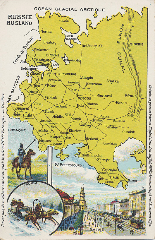 Advertising postcard map of European Russia, with inset images of a mounted Cossack lancer, a troika, and St. Petersburg.
Text:
Text in French and Dutch:
Il n'est pas de meilleur Amidon que l'Amidon REMY, Fabrique de Riz Pur.
Er bestaat geenen beteren Stijfsel dan den Stijfsel REMY, Vervaardigd met Zuiveren Rijst.
There is no better starch than Remy Starch, made of pure rice.