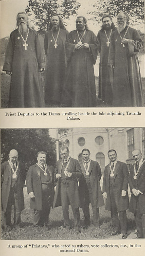 The Russian Duma: priest deputies and officers. From %i1%White Nights and Other Russian Impressions%i0% by Arthur Ruhl. Ruhl reported from Russia in 1917 after the February Revolution.
Text:
Priest deputies to the Duma strolling beside the lake adjoining Taurida Palace.
A group of 'Pristavs,' who acted as ushers, vote collectors, etc. in the national Duma.