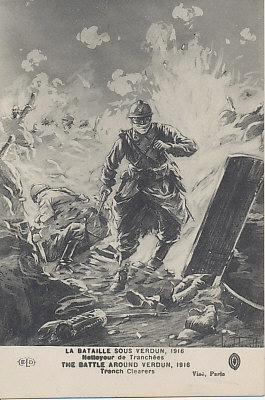 French trench clearers in the Battle of Verdun. French Corporal Louis Barthas recorded a commander's expectations of his men before a May 18, 1916 attack to take no prisoners, neither captured nor wounded, an order 'unworthy of a Frenchman.' The soldier kneeling on the left has likely just killed the German soldier on the ground, either combat or murder. Illustration by Léon Taa. . . ., 1916.
Text:
La Bataille sous Verdun, 1916
Nettoyeur de Tranchées
The Battle around Verdun, 1916
Trench Clearers
Logo: ELD
Visé Paris
Reverse:
Imp. E Le Deley, Paris