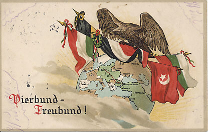 With Bulgaria joining the Central Powers in October 1915 assuring the defeat of Serbia by the end of November, the Balkanzug — the Balkan Railway, shown in red — connected Berlin and Constantinople. By the second week of November, Turkey received ammunition and weapons from its allies.
Text:
Vierbund-Treubund
Quadruple Alliance-True Alliance
Reverse:
Message dated February 28, 1916, and postmarked the next day.
Logo: Erika
Nr. 5448