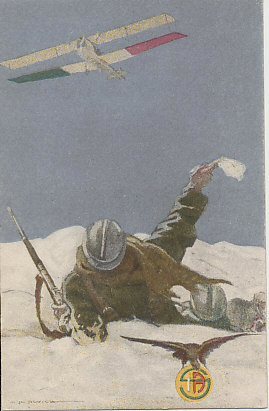 An Italian soldier lying in the snow waving a handkerchief to a plane overhead. The logo is for Societa Italiana Aviazione, founded in 1916, which became part of Fiat Aviation in 1918.
Text:
Logo: SIA
Reverse:
S.I.A. Societa Italiana Aviazione Lingotto - Torino
Alfibri E. Lacroix Milano Inc. St Imp.