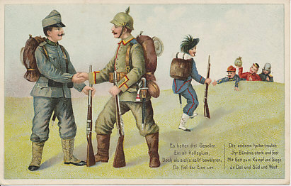 An Italian Alpini soldier slinking away from his erstwhile allies Austria-Hungary and Germany. The Entente Allies welcome him, France with open arms, Great Britain with a sack of money, and Russia. Italy was part of the Triple Alliance with Germany and Austria-Hungary, but declared neutrality on August 3, 1914. With promises of territorial gains, and a loan, it joined the Allies, declaring war on Austria-Hungary on May 23, 1915. The poem notes that although one comrade has fallen away, the other two hold a steadfast bond.
Text:
Es hatten drei Gesellen
Ein alt Kollegium
Doch als sich's sollte bewähren,
Da fiel der Eine um
Die anderen halten treulich
Ihr Bündnis stark und fest
Mit Gott zum Kampf und Siege
In Ost und Süd und West.
There were three comrades,
An old society,
But as it proved,
One fell,
But the others hold faithfully
Their alliance strong, steadfast,
With God for battle and victory
In East and South and West.