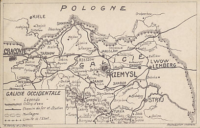 Map of Galicia, Austria-Hungary showing the the fortress of Przemyśl, the cities of Cracow (Cracovie) and Lemberg, and the Bug and Dniester Rivers. Austria-Hungary lost most of the territory to Russia in 1914, and, with Germany's aid, regained it in the Gorlice-Tarnow Offensive of 1915.
Text:
Galicie Occidentale
Légende
Cours d'eau
Chemin de fer et Station
Montagne
Limite de l'Etat
H. Verchy et J. Delcroix
Reproduction interdite.
Western Galicia
Legend
Rivers
Railway and Station
Mountains
National Borders
Verchy H. and J. Delcroix
Reproduction prohibited.