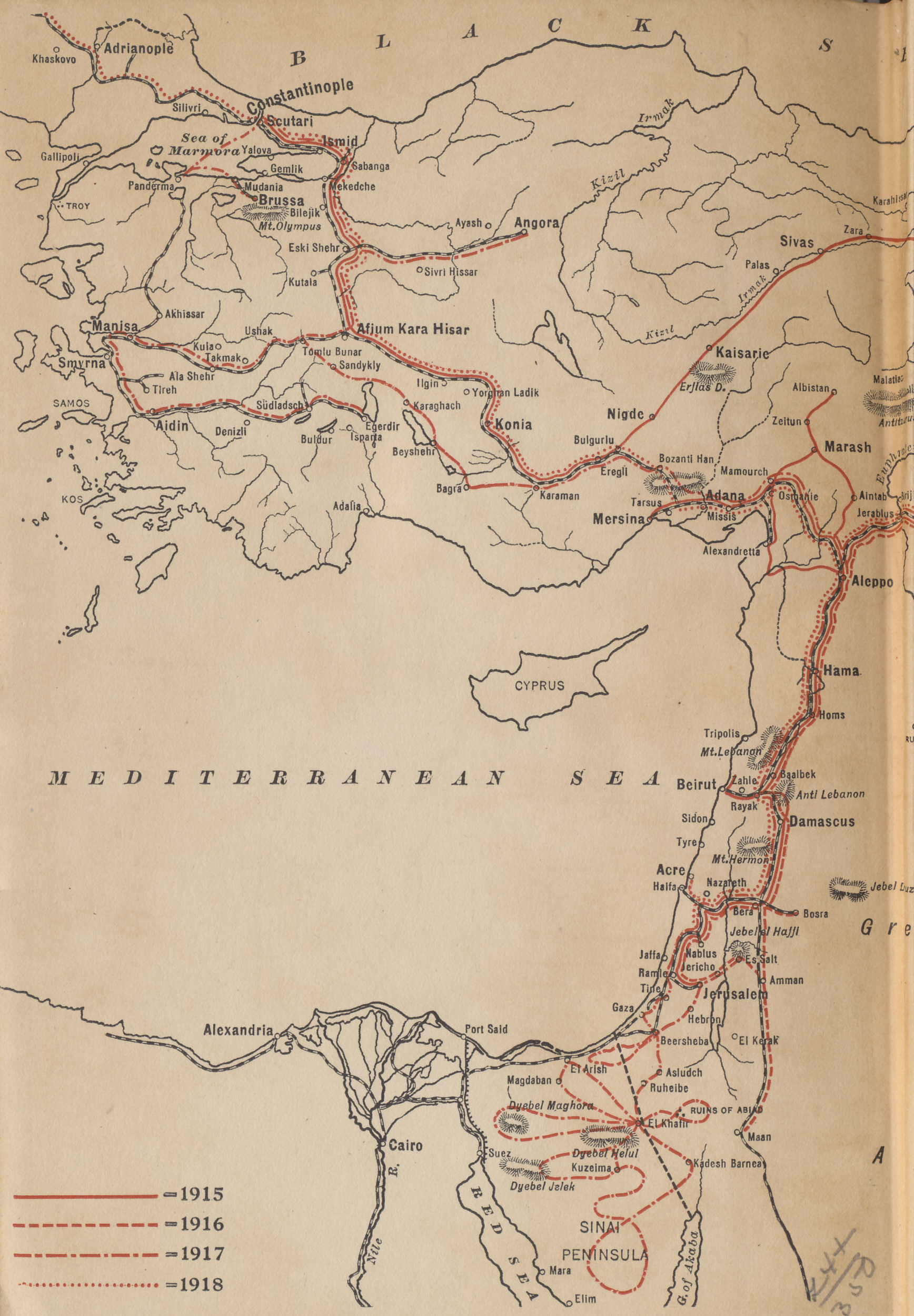 Western Ottoman Empire showing the travels of Rafael De Nogales, Inspector-General of the Turkish Forces in Armenia and Military Governor of Egyptian Sinai during the World War, from his book %i1%Four Years Beneath the Crescent%i0%.
Text:
Legend for the author's travels for the years 1915, 1916, 1917, and 1918.