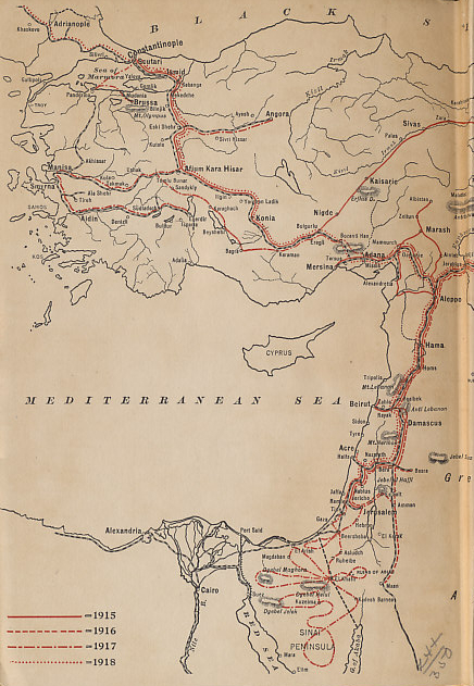 Western Ottoman Empire showing the travels of Rafael De Nogales, Inspector-General of the Turkish Forces in Armenia and Military Governor of Egyptian Sinai during the World War, from his book %i1%Four Years Beneath the Crescent%i0%.
Text:
Legend for the author's travels for the years 1915, 1916, 1917, and 1918.