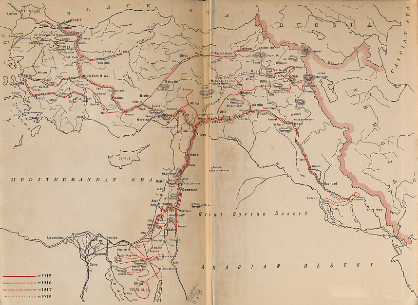 Map of the Ottoman Empire showing the travels of Rafael De Nogales, Inspector-General of the Turkish Forces in Armenia and Military Governor of Egyptian Sinai during the World War, from his book %i1%Four Years Beneath the Crescent%i0%.
Text:
Legend for the author's travels for the years 1915, 1916, 1917, and 1918.