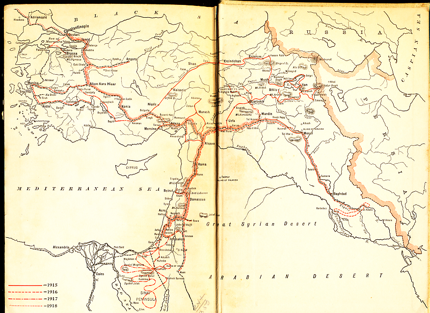 Endpaper map from 'Four Years Beneath the Crescent' by Rafael De Nogales, Inspector-General of the Turkish Forces in Armenia and Military Governor of Egyptian Sinai during the World War showing his travels through the Ottoman Empire and it battle fronts in the Caucasus Mountains, Mesopotamia, Palestine, and Syria in 1915 through 1918.