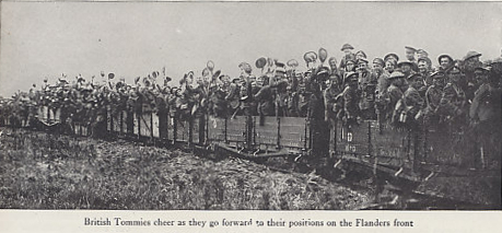 British soldiers advancing on the Flanders front. From The Nations at War by Willis J. Abbot 1918 Edition
Text:
British Tommies cheer as they go forward to their positions on the Flanders front