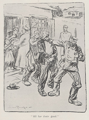 'All for their Good,' a cartoon by Dutch artist Louis Raemaekers, from 'Through the Iron Bars (Two years of German occupation in Belgium)' by Emile Cammaerts Illustrated with Cartoons by Louis Raemaekers.
