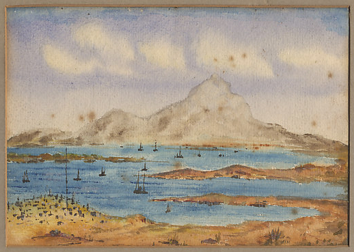 Watercolor of Mount Olympus from Summerhill camp Salonica, October, 1917. Summerhill (or Summer Hill) Camp was a British infantry training base about five miles from Salonica.
