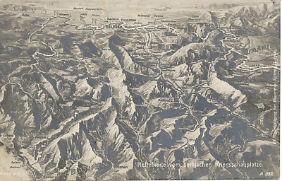 Balkan Front Postcard relief map of the Serbian Front. Although difficult to read, the following landmarks are legible and visible: The plains of Hungary are at the top immediately north of the Danube River and the Serbian capital of Belgrade. The Adriatic Sea is at the bottom left along the coasts of Montenegro and Albania. To the east, south to north, are Bulgaria, Romania, and the Transylvanian Alps. Serbian landmarks include the city of Nisch, and the valleys of the Struma.
Text:
Reliefkarte vom serbischen Kriegsschauplatze
A 352
Mit Genehmigung der Illustrirten Zeitung Leipzig
Relief map of the Serbian theater of war
A 352
With permission of the Illustrirten Zeitung Leipzig