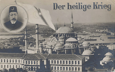 Holy War postcard with a view of Constantinople, Turkey and the Bosphorus and an inset photograph of Sultan Mohammed V. The card is field postmarked January 8, 1916.
Text:
Der heilige Krieg
Holy War