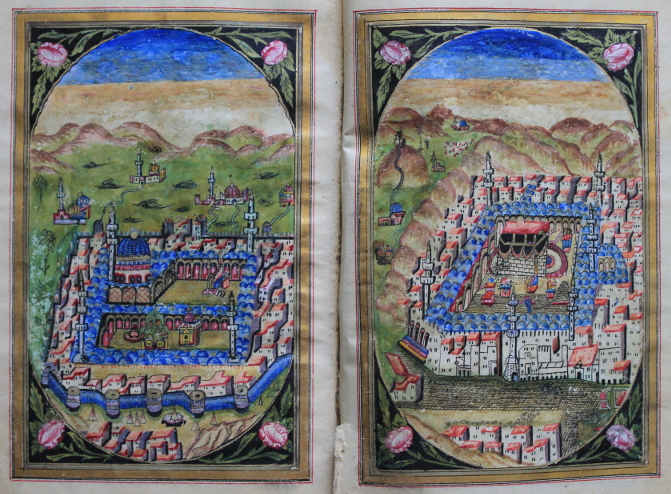 Hand-painted miniatures of Mecca and the Ka'abah from the Islamic prayer book 'Prayers to Muhammed,' composed by Muhammed b. Suleyman al-Jazuli.