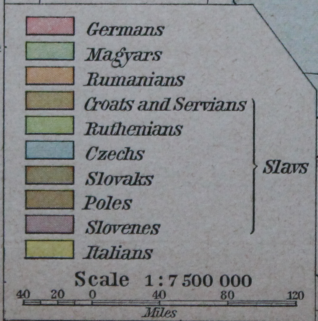 Peoples of Austria-Hungary in 1914 from 'Historical Altas' by William R. Shepherd. The empire's population included Germans, Magyars, Romanians, Italians, and Slavs including Croats, Serbians, Ruthenians, Czechs, Slovaks, Poles, and Slovenes.