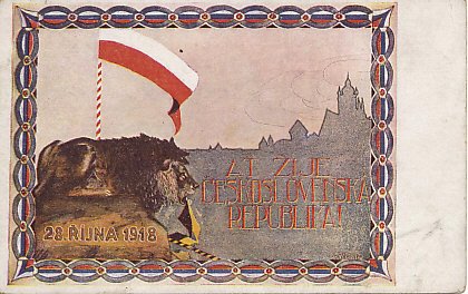 Postcard celebrating the independence of Czechoslovakia from Austria-Hungary, proclaimed in its capital Prague on October 28, 1918. The lion, a symbol of Bohemia dating to the 12th or 13th century, became part of the coat of arms of, and a symbol for, Czechoslovakia. The lion holds in its mouth remnants of a Habsburg banner, while looking at part of the Prague skyline.
Text:
Ať Žije
Československa Republika!
28. Rijna 1918
Long live
The Republic of Czechoslovakia!
October 28, 1918
