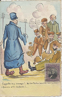 I've killed many Germans, but never women or children. Original French watercolor by John on blank field postcard. In the background are indolent Russian soldiers and Vladimir Lenin, in the foreground stands what may be a Romanian soldier who is telling the Russians, 'You call me savage. I killed a lot of Boches (Germans), but never women or children!'
Text:
T'appelles moi sauvage !. Moi, tuer Boches beaucoup, mais jamais li femmes et li s'enfants !
You call me wild. I killed a lot of Boches [Germans], but never women or children!