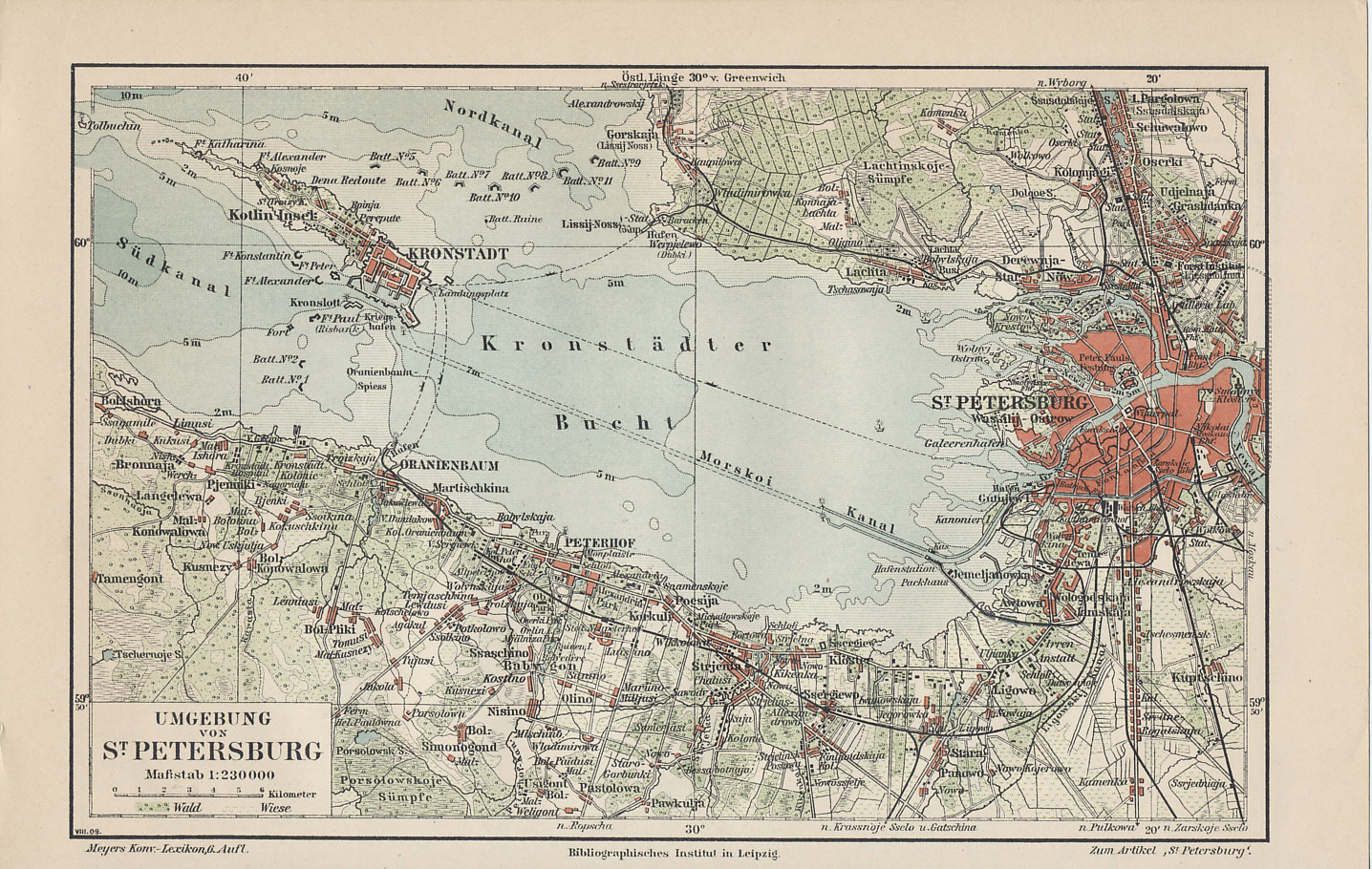 1898 map of Petrograd, the Russian capital, Kronstadt Bay, and the Russian naval base of Kronstadt, from a German atlas. Petersburg, or Petrograd, is on Kronstadt Bay, an extension of the Gulf of Finland on the Baltic Sea. Kronstadt was an important naval base. North and east of central Petrograd was the Vyborg district, site of many factories and housing for workers.