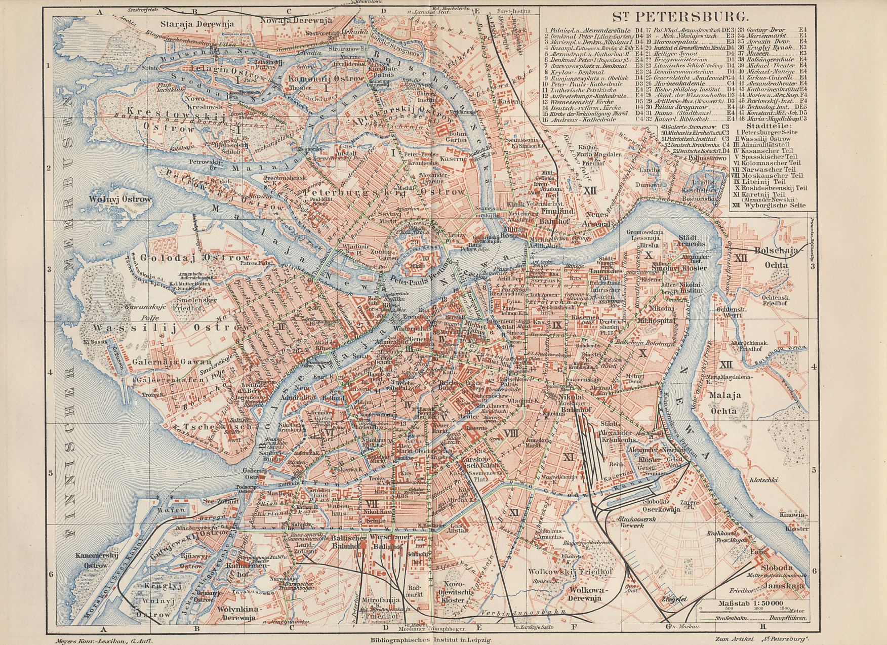 1898 map of St. Petersburg, the Russian capital, from a German atlas. Central St Petersburg, or Petrograd, is on the Neva River. Key landmarks include the Peter and Paul Fortress, which served as a prison, Nevski Prospect, a primary boulevard south of the Fortress, the Finland Train Station, east of the Fortress, where Lenin made his triumphal return, the Tauride (Taurisches) Palace, which housed the Duma and later the Petrograd Soviet.
Text:
St Petersburg (Petrograd); Neva River, Peter and Paul Fortress; Nevski Prospect, Finland Bahnhof (Train Station); Taurisches (Tauride) Palace