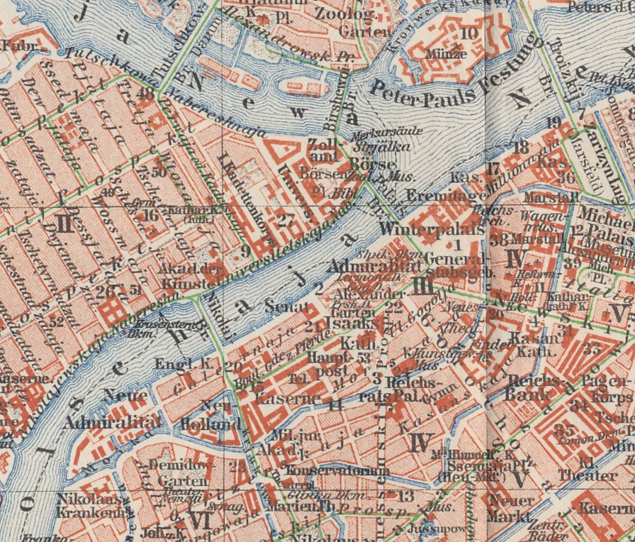 Detail from a 1898 map of St. Petersburg, the Russian capital, from a German atlas. Central St Petersburg, or Petrograd, is on the Neva River. Key landmarks from top to bottom include the Peter and Paul Fortress, which served as a prison, Nevski Prospect, a primary boulevard south of the Fortress, and the Mariyinsky Theater.